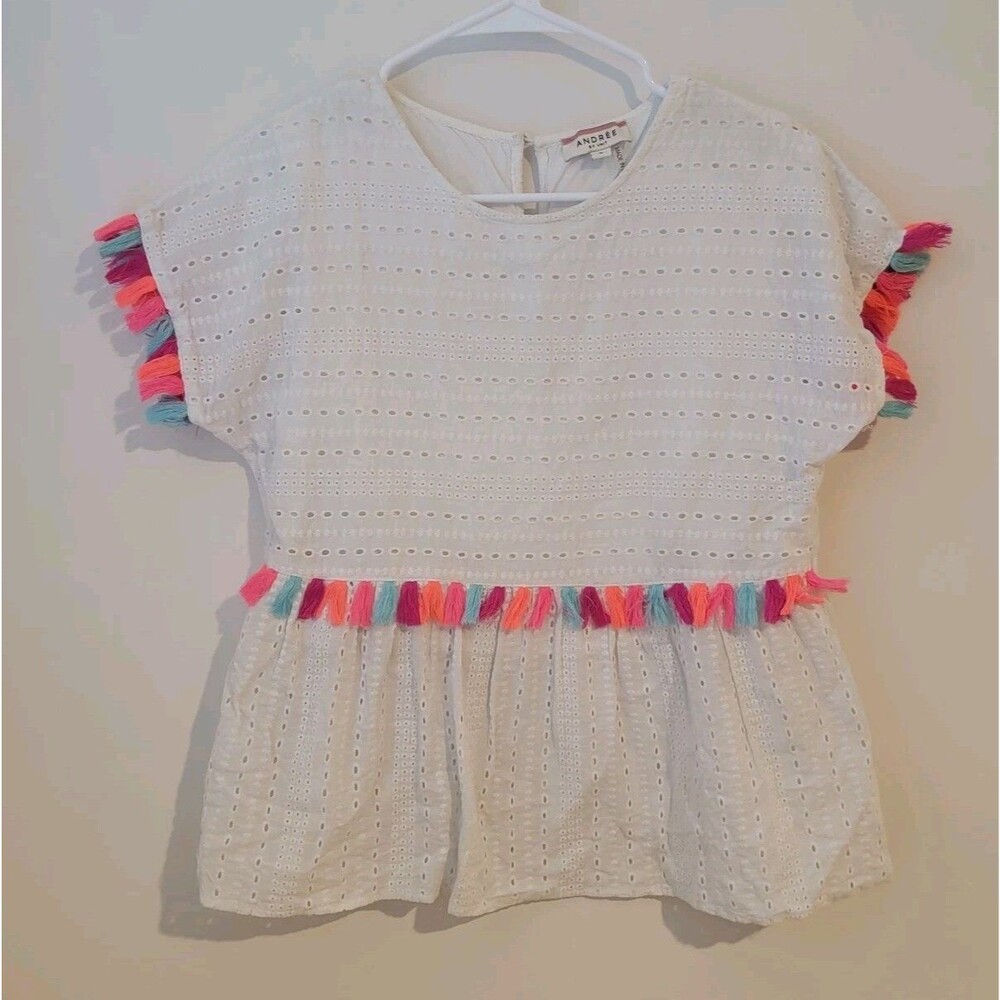 Andree By Unit Womens Top Size Small Fringe White Perforated Colorful Top Boho
